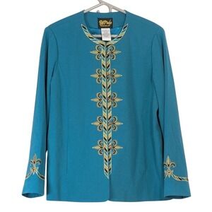 Bob Mackie Wearable Art Teal Embroidered Jacket Blazer Women's Size Medium